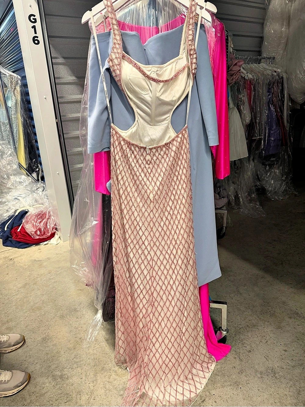 Sherri Hill 57158 Pearl Beaded Fitted Prom Dress Pink & White Maxi Dress - Picture 3 of 4